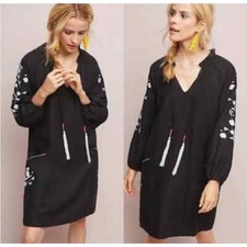 Anthropologie Dolan Ivanhoe Boho Embroidered Tassel Dress XS NWT Black Floral