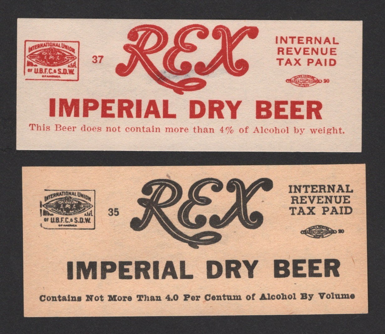 2 diff 4% Rex Imperial Dry Beer Case/Keg Labels, IRTP, Fitger Brewing ...