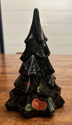 Vintage Fenton Glass Black Halloween Tree Figurine Hand Painted