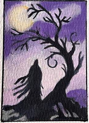 ACEO Original Art, Tiny Art, ATC - Watercolor - Moonlight Watch 1