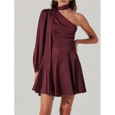 ASTR the Label Satin Mini Dress One Shoulder Neck Tie Billowed Sleeve Medium