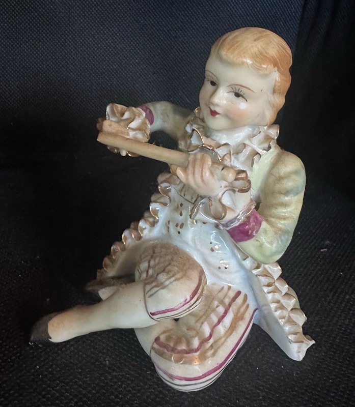 Bone China Lace Figurine Seated Musician Playing Flute Glossy Collectible
