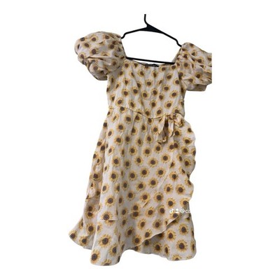 Womens White Sunflower Floral Square Neck Puff Sleeve A-Line Dress w/ Pockets S