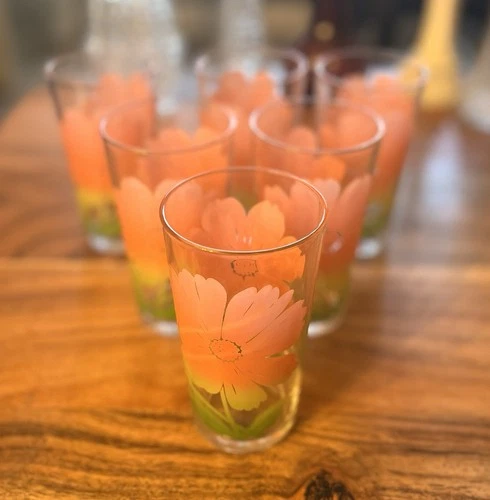 Vintage Federal Pink Floral 5" Tumblers Swanky Swig Glasses~Lot Of 6