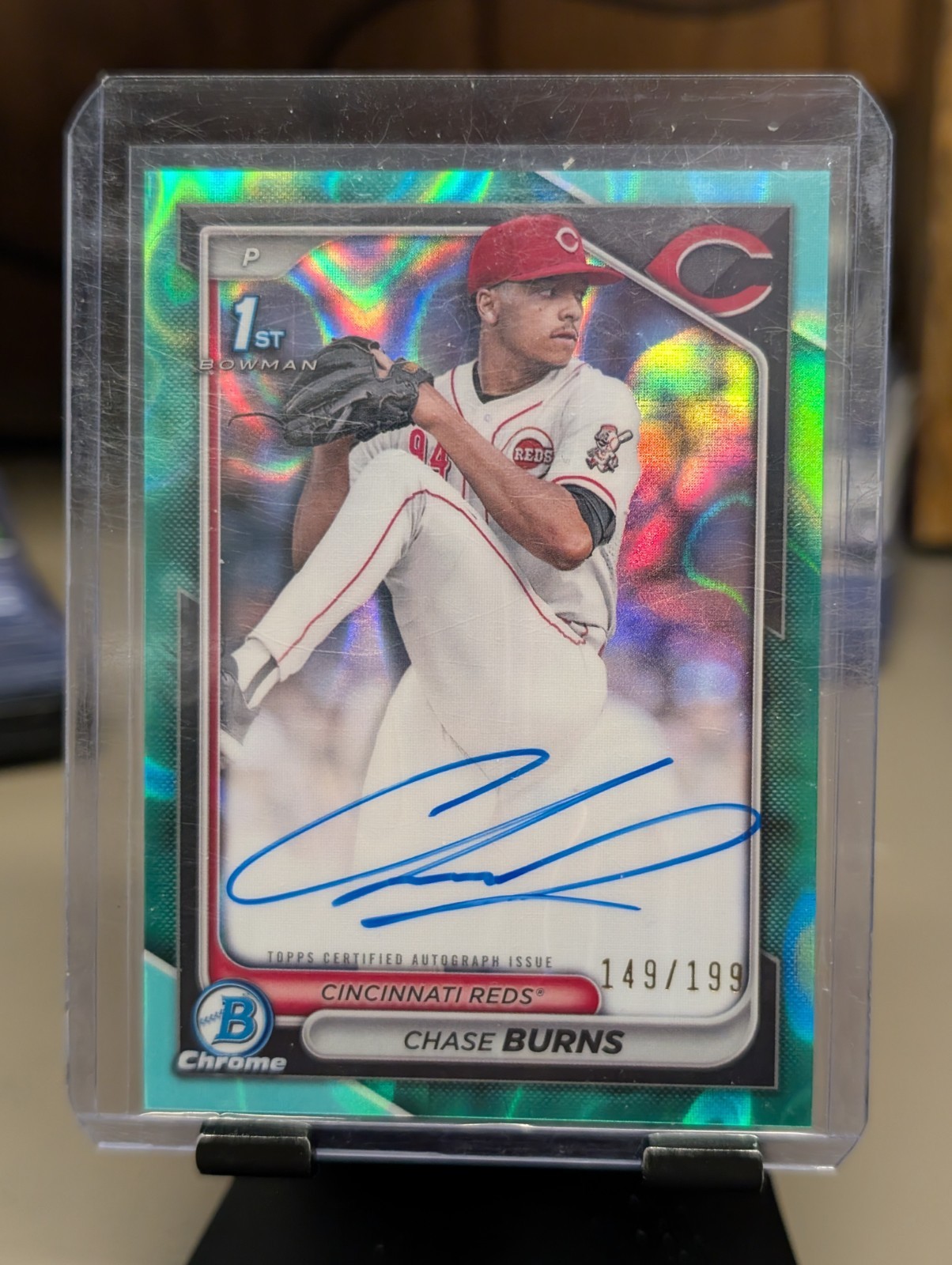 Chase Burns 2024 Bowman Chrome Aqua Lava Refractor 1st Auto /199 REDS