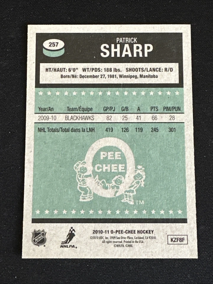 2010-11 O Pee Chee Rerto Parallel 257 Patrick Sharp Chicago Blackhawks - Image 2 of 2