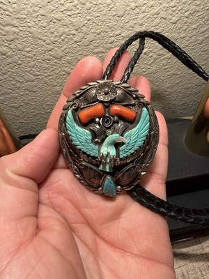 H. Spencer(Harry Spencer) .925 Sterling Silver Turquoise & Coral Eagle Bolo Tie