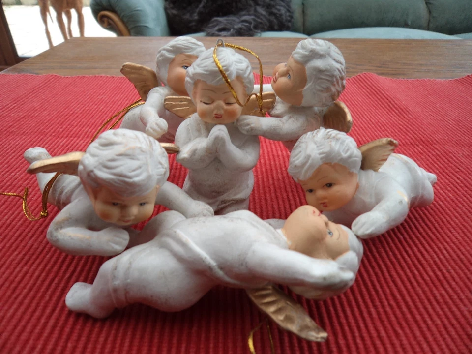 Lot de 6 angelots chérubins décoration de noël pour sapin en céramique - Vintage - Photo 2/4