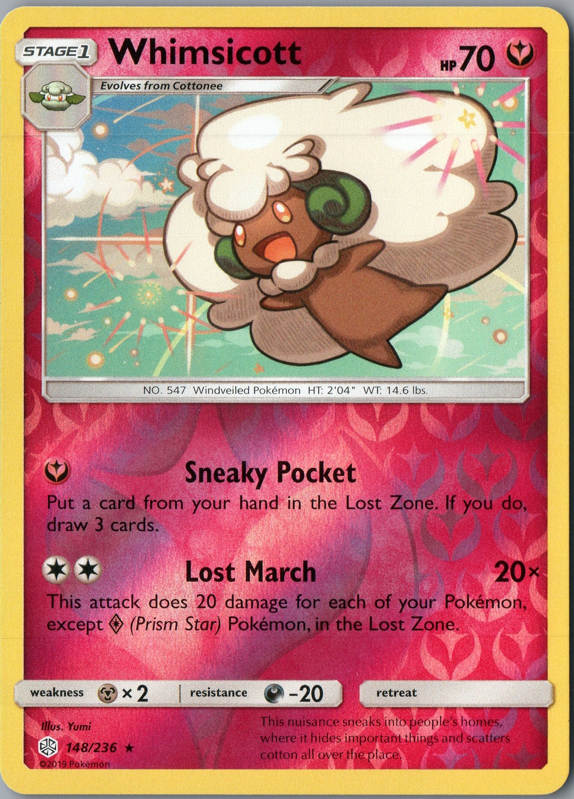 Whimsicott Rare SM - Cosmic Eclipse 148/236 NM Reverse Holofoil - Pokemon