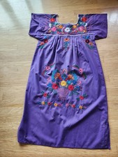 Vtg Mexican Oaxacan Boho Ethnic Hand Embroidered Floral Purple Tunic Dress GUC