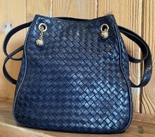 BOTTEGA VENETA Vintage Shoulder Bucket Bag Blue Intrecciato Leather