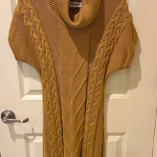 Calvin Klein, Tan Cable Knit Cowl Neck Short Sleeve Knee Sweater Dress L. L11