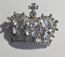 Silver Tone Clear Rhinestone Crown Brooch Pin Prong Set Marquise Stones