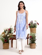 Blue Rayon Chikankari Sleeveless Kurti Lucknowi Chikankari Ethnic Wear Kurta