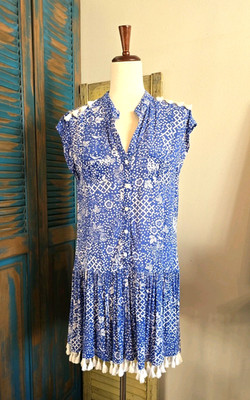 Poupette St. Barth Boho Floral Heni Tassel Fringe Tank Dress Women M Blue White
