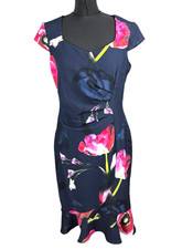 Roman Originals Navy Pink Floral Sweetheart Scuba Dress Ruched Bodycon Size 14