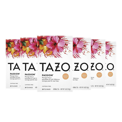 Tea Bags, Iced or Hot, Passion Herbal Tea, 20 Tea Bags (Pack of 6)