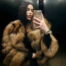 Trendy Women's Real Raccoon Fur Coat Winter Fluffy Fur Jacket Thick Warm Outwear