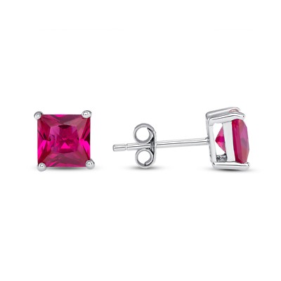 JULY BIRTHSTONE RUBY RED CZ PRINCESS STUD EARRINGS 925 STERLING SILVER
