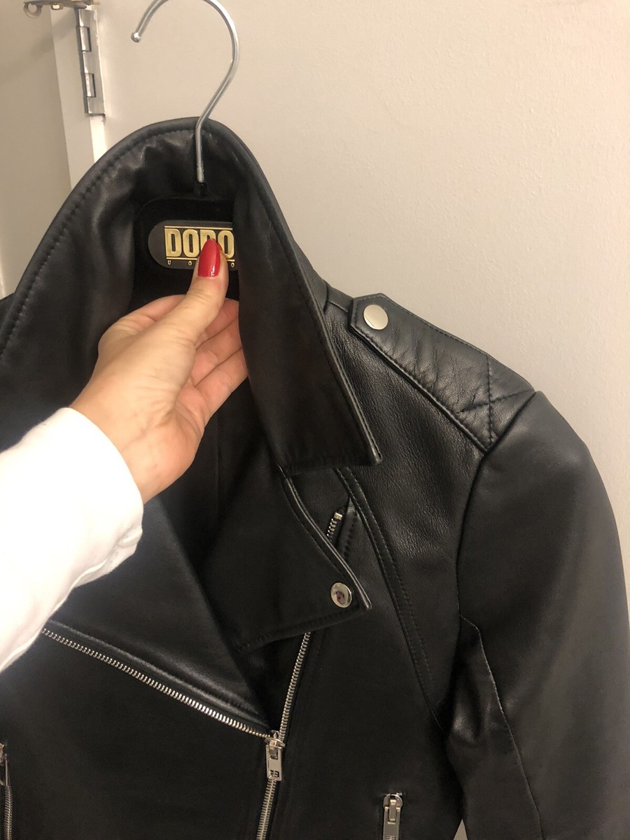 Veste En Cuir Sandro Style Moto Biker, Peau D'agneau, Taille 2 (S/M), Noire, Fermetures Zippées - Occasion Très Bon état