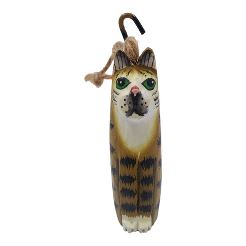 Primitive Folk Art Carved Wood Cat Ornament Orange Tabby Metal Tail Holiday
