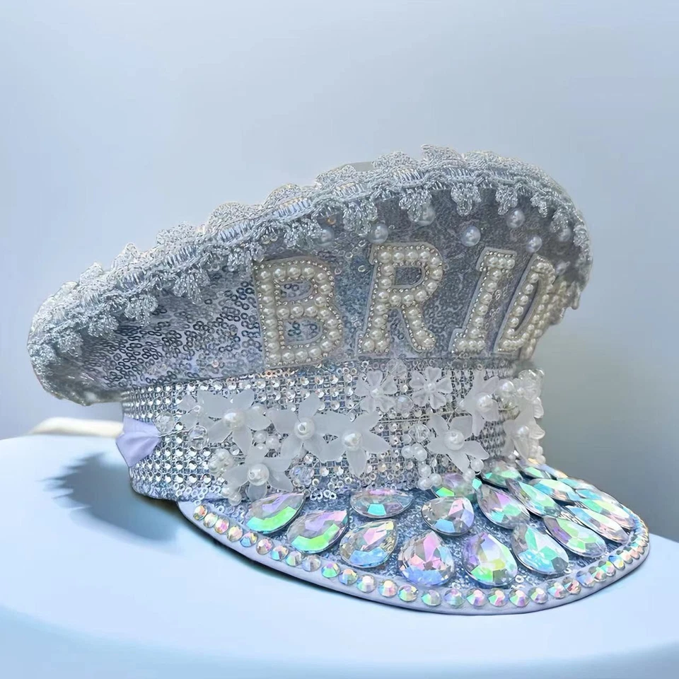 Sombrero de Capitán con Estrás Novia Gorra Militar Ajustable Mujeres Hombres Despedida de Soltero Foto 2 de 4