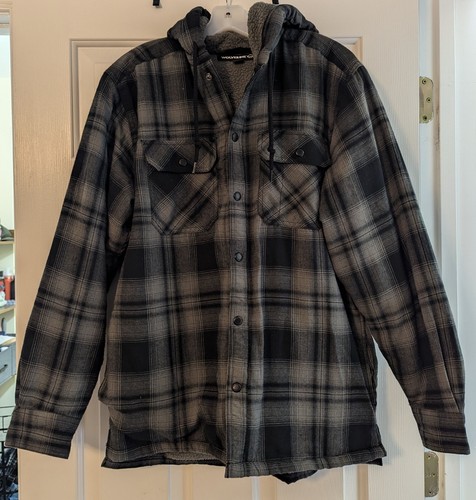 Wolverine Mens Jacket Med Snap Close Flannel Hooded w/ Fleece Lining Black Plaid