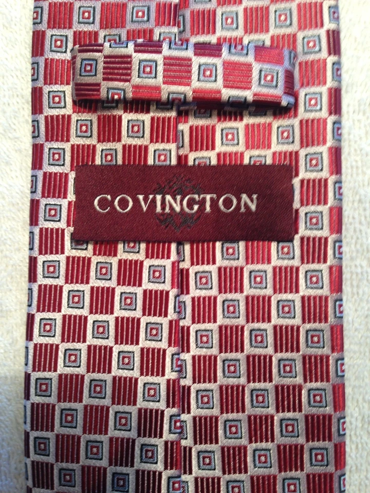 CONVINGTON МУЖСКОЙ ГАЛСТУК 3,5 X 58 КРАСНЫЙ С КВАДРАТНЫМ БЕЛЫМ СЕРЕБРЯНЫМ УЗОРОМ - Изображение 3 из 4