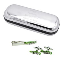 Green Trout Fish Tie Clip & Cufflinks & Engraved personalised box