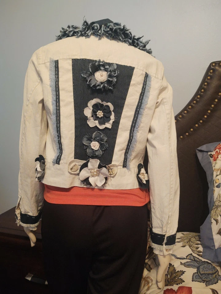 CAbi Cream Jacket Repurose With Denim flowers Big Buttons- Denim Ruffle Collar - Image 2 of 4