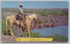 Glasco Kansas~Cowboy on Horseback Watches Cattle Below~1852