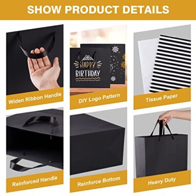 12 Black And Gold Gift Bags With Handles - 13 Inch Large Gift Bags With Tissue Paper & Bows