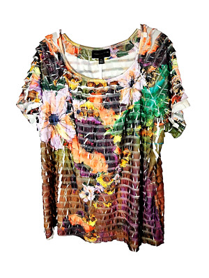 Connected Woman's Ruffle Blouse Size 2X Multicolor Floral Short Sleeve