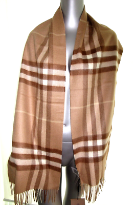 $609 Burberry Classic GIANT Icon Check Cashmere Scarf Mid Camel