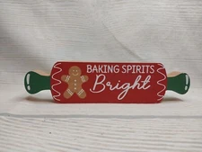 New! "Baking Spirits Bright" Gingerbread Man Rolling Pin Christmas Wood Sign 