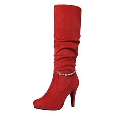 Women Knee High Boots Stilettos High Heel Side Zipper Fur Lined Long Boots