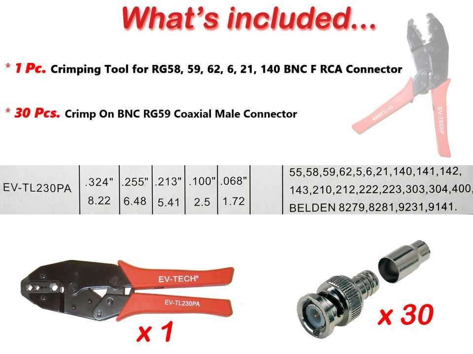30x BNC Male Crimp On  CCTV Video Connector For RG59 Coax Cable + Crimp Tool - Image 2 of 4