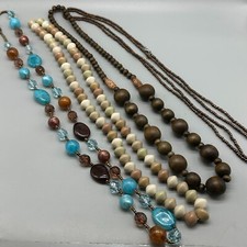 Beaded Necklace Lot Brown Blue Long Layering Wood Acrylic Boho Jewelry Set