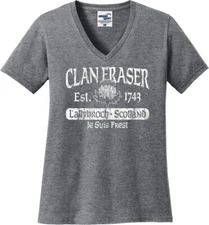 Clan Fraser Lallybroch Scotland Thistle Missy Fit Ladies V-Neck T-Shirt (S-3X)