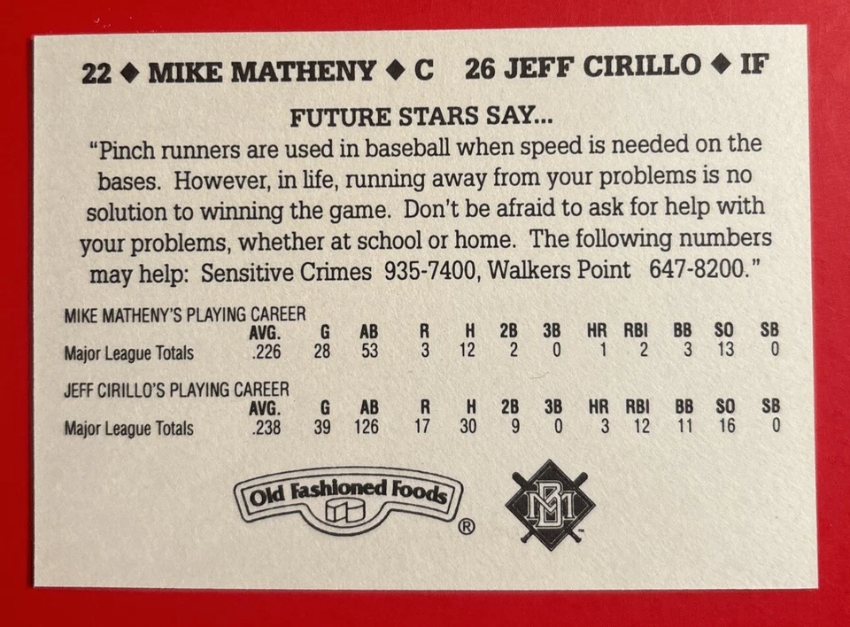 1995 MILWAUKEE BREWERS JEFF CIRILLO MIKE MATHENY Police Baseball Rookie Card RC - Image 2 of 2