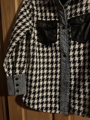NWT Tribal Brand Fantasia Fancy Denim and Faux Leather Shacket Black White L - Picture 10 of 12