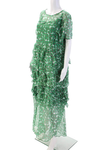 HVN Womens Silk Floral Shift Dress Green Short Sleeve Zip Size 20