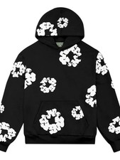 DENIM TEARS Men  s S Black Pullover Hoodie Cotton Wreath Motif Pockets