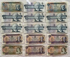 Lot $125 Face Bank Of Canada Notes $20 $10 $5 Dollar 1971 1972 1979 1986