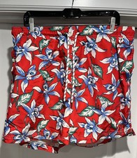 Mens Lands' End Swim Trunks Floral Hawaiian Print Red Lined Drawstring L Pockets