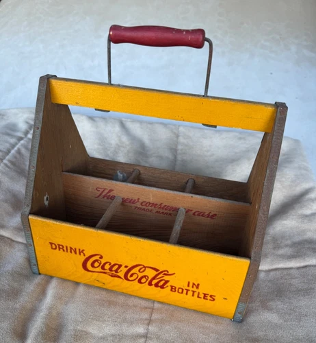 Vintage 1940's WWII WAR WINGS Wooden Yellow Coca Cola 6-Bottle Carrier Excellent