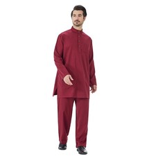 Muslim Men Long Sleeve Thobe Jubba Saudi Blouse Top Long Pants Thoub 2Piece Sets