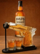 Whiskey Decanter Set Glass Pistol w/ 2 Shot Glasses & Display Stand Gift NEW