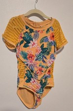 Art Class Girls One-Piece Tropical Floral Zip Swimsuit M 7/8 Yellow