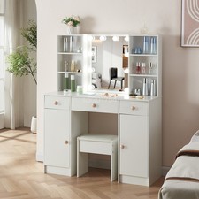 LED Dressing Table with Mirror and Dimmable LED Lights Girl's Makeup Vanity Desk